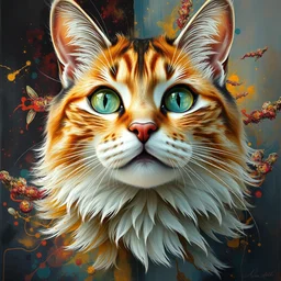 wide shot portrait of beautiful cat by irakli nadar with intricate detailed color smashing fluid oil paint and acrylic, heterochromia, melting wax, mycelia, abstract impressionism, ruan jia, fantasy, hyper detailed, concept art, by gustav klimt,