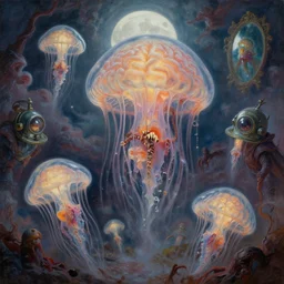 concept art of giant translucent brain glowing jellyfishes, lovecraftian divers helmet, lots of teeth, melting horror, round moon, rich clouds, fighting the horrors of the unknown, mirrors, very detailed, volumetric light, mist, grim, fine art, decaying, textured oil over canvas, epic fantasy art, very colorful, ornate, anato finnstark