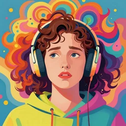 a colorful vibrant closeup portrait of a simple caucasian woman with curly mid length brown hair with a calm afraid aesthetic face hoodie dreamy vibes headphones and dreaming psychedelic hair, by kawase hasui, moebius, edward hopper and james gilleard, zdzislaw beksinski, steven outram colorful flat surreal design, hd, 8 k, artstation