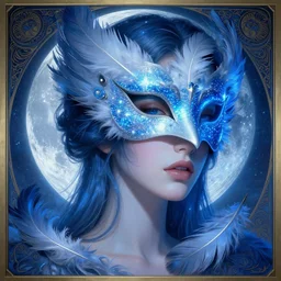 beautiful princess extremely blue glittering moon, swan mask, glowing, passionate, feather, surreal, detailed, face, intricate, elegant, lithe, highly detailed, digital painting, artstation, concept art, smooth, sharp focus, illustration, bordered, art by artgerm and artem demura and alphonse mucha