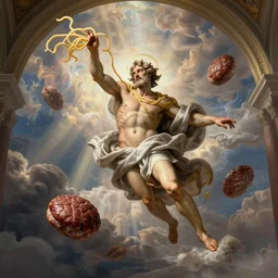 the flying spaghetti monster in all his glory, saint, holyness, dramatic lighting, epic cirrus radiating clouds, godrays, meatballs, michelangelo, sixtine chapel