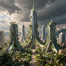 future solarpunk utopian lush city landscape, organic futuristic skyscrapers in the middle of severe climate crisis epic cinematic matte painting