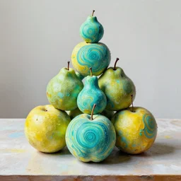 by liu ye iron, turquoise swirling. a still life of fruit on a table. the fruit is arranged in a pyramid shape, with the largest pieces of fruit at the bottom & the smallest pieces of fruit at the top. the colors are bright & the experimental art has a lot of texture.