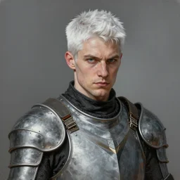 portrait painting of a cocky man with short white hair wearing grey pelt gambeson. sharp focus, award - winning, trending on artstation, masterpiece, highly detailed, intricate. art by rebecca guay