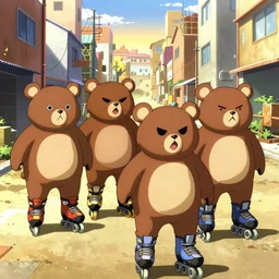 happybears!, happy bears! death union, humanoid bears, bear costumes, happy faces, evil happy faces, rollerblading, rollerskates, cel - shading, four humanoid bears, 2 0 0 1 anime, flcl, jet set radio future, golden hour, japanese town, concentrated buildings, japanese neighborhood, construction site, cel - shaded, strong shadows, vivid hues, y 2 k aesthetic