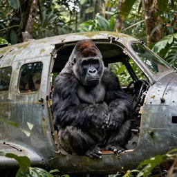 a gorilla sitting in the cockpit of an old plane wrecked deep in the jungle cinematic realistic hdr 3 5 mm