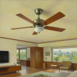 a picture of an oil painting of a ceiling fan in a mid century modern house designed by frank lloyd wright
