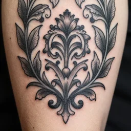 tattoo design, leafy baroque patterns, heavy black ink, highly detailed, by Joe Fenton
