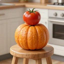 a tomato has been put on top of a pumpkin on a kitchen stool. there is a fork sticking into the pumpkin. the scene is viewed from above.