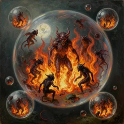 tiny hellish demons and flames in cubic bubbles surrounded by paradise, disturbing, uneasy, unsettling, by hieronymus bosch, trending on artstation, trending on nightcafe, by alexander fedosa oil on canvas