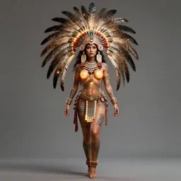 character design, aztec warrior goddess with beautiful woman face, crown of very long feathers, full body, glowing aztec tattoos, beautiful,
