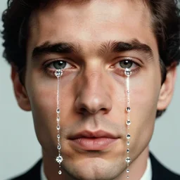 close cropped portrait photo of a man looking at the camera, a stream of diamonds flows from his eyes mimicking tears emitting aura, 1 9 6 0, life magazine photo, natural colors, metropolitan museum, kodak, 8 k, very detailed, high resolution, product photo,