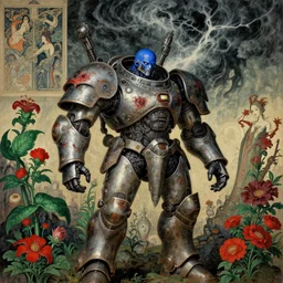 composition of gothic and futuristic, warhammer, cyber armor, more and more scars, storm, blue head, red, green, many mech flowers, the middle ages, highly detailed, artstation, in the style of moebius, jugendstil and classic japanese print, art by jean delville and rene magritte, maks ernst