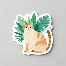one cat and tropical plant illustration vinyl sticker, one sticker, sharp, clear focus, high quality, studio lighting, trending on instagram, product mockup psd