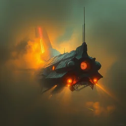 the cyberpunk spaceship emerges from the fog, weathered metal, neon lights, atmospheric lighting, golden hour, ultra detail, intricate painting by greg rutkowski, rhads, makoto shinkai, daytoner, ilya kuvshinov, ruan jia, tom bagshaw