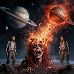in the style of ellen jewett, charlie bowater, planets exploding : : colliding in space, realistic brutal hateful awe shock terror
