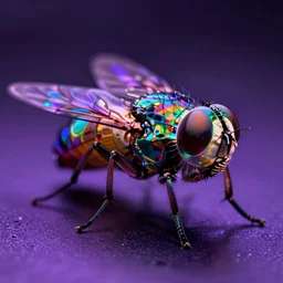 high quality photo glowy iridescent giant fly! jeweled very beautiful! highly detailed digital art david ligare elson peter cinematic purple neon lighting high quality low angle hd 8k sharp shallow depth of field
