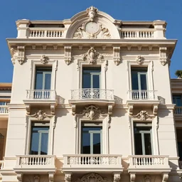 High-quality DSLR photography of the facade of a beaux-arts style flat in Monaco at dawn, baroque, designed by Charles Garnier, wide-angle, warm lighting, long shadows, beams of sunlight.