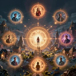 many circular magical portals, unfocused fantasy town in the background,, alena aenami, petros afshar, noah bradley, anton fadeev, steve henderson, filip hodas, mark keathley, thomas kinkade, phil koch, gilbert williams, mike winkelmann, beeple