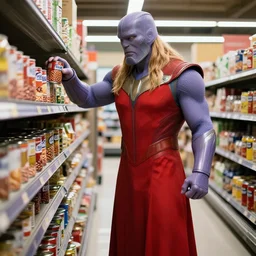 thanos in a long red woman dress, doing groceries at the supermarket, picking up a can of beans realistic detailed photo flickr
