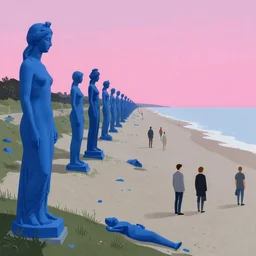 a long beach filled with ruins of blue statues of women with pink light on the horizon, by moebius, edward hopper and james gilleard, zdzislaw beksinski, steven outram colorful flat surreal design, hd, 8 k, artstation by magali villeneuve and william bouguereau, 4 k