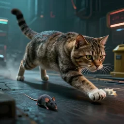 a big cat chasing an alive mouse by mark ryden in cyberpunk environment, 4 k ultra high resolution, horror, long camera shot