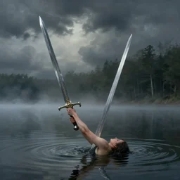 a woman arm partially covered by water wielding a big excalibur sword emerging from the surface of a calmly lake, mist, background forest, volumetric lighting, by fitz henry lane, ominous sky, dramatic clouds, matte painting, artstation