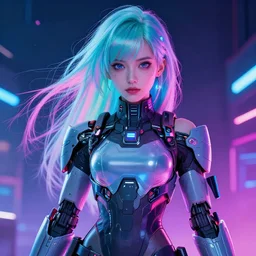 A beautiful portrait of a cyberpunk mecha queen with neon hair, frontal, digital art by Ross Tran and Dan Mumford, vibrant color scheme, highly detailed, outrun art style