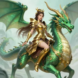 A beautiful attractive goddess wearing golden armor riding a Mythical Green Dragon, Fantasy, Artstation, deviant art, trending