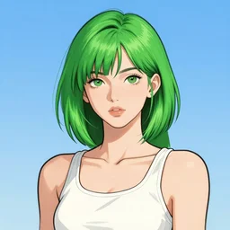 a cool girl with green hair, a 7 8 4 3 hairstyle, wearing a tanktop, highly detailed, stylized, portrait, concept art, vector line art, blue sky background, illustration by artgerm, artstation