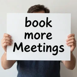 a person holding a sign that says book more meetings written on it