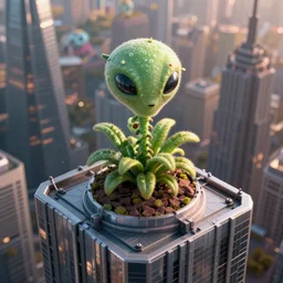 macro photo of a little alien plant on the roof of a skyscraper, unreal 5, DAZ, hyperrealistic, octane render, Regal, Refined, Detailed Digital Art, dynamic lighting, Highly Detailed, Cinematic Lighting, Unreal Engine, 8k, HD
