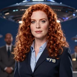 gillian anderson as dana scully x - files, woman with long red curly hair, fbi agent business suit, ufo in background, by atey ghailan, by greg rutkowski, by greg tocchini, by james gilleard, by joe fenton, by kaethe butcher, by ashley wood, dynamic lighting, gradient light blue, brown, blonde cream and white color scheme, grunge aesthetic