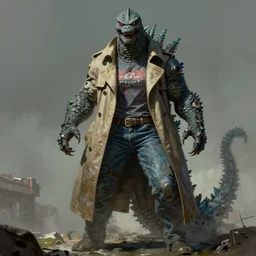 a female monstrous inhuman humanoid post - apocalyptic godzilla dressed in a trench coat, t - shirt, and jeans in the style of leonard boyarsky in the style of frank frazetta trending on artstation deviantart pinterest furaffinity detailed realistic high resolution hd 8 k