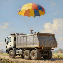 classic oil painting, a dump truck in the sky with a parachute, as a dnd character, cottagecore, highly detailed, digital illustration, concept art, smooth, sharp focus, art by greg hildebrandt, and tim hildebrandt