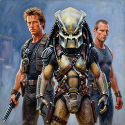 ! dream a painting of a still from the film predator ( 1 9 8 7 ), with arnold schwarzenegger and carl weathers, a fine art painting by ron walotsky, trending on deviantart, neo - primitivism, movie poster, poster art, sci - fi