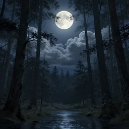 A beautiful ultra detailed matte painting Moonlight woods near the water puffy clouds in sky  by Cyril Rolando, David Wiesner, unreal engine, featured on artstation