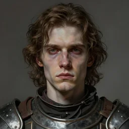 portrait painting of a pale serious young man with soft face and medium brown wavy hair wearing armor, ultra realistic, concept art, intricate details, eerie, highly detailed, pursed lips, melancholy expression, photorealistic, upturned button nose, prominent chin, octane render, 8 k, unreal engine. art by artgerm greg rutkowski alphonse mucha