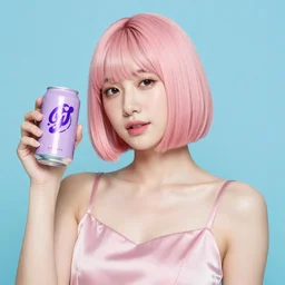 a woman with a very light pink bobcut in a silk light pink shoulderless dress holding up a light purple soda can with a purple design, plain azure background, medium close - up, shiny, photograph, glossy, vibrant, y 2 k, hyperpop, album art