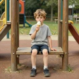 boy with ice cream in playground, leyendecker style, 1 0 feet from camera
