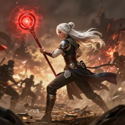 dragon age character wynne, 5 0 years old woman ash white long hair tied bun, holding long staff red orb, shooting magic, middle of battle, background full of war silhouettes, fighting, full body, epic, d and d, cinematic, dynamic lighting, concept art, rich color, bioware, by greg rutkowski