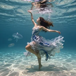 a beautiful woman with long hair dancing underwater wearing a very long dress made of many translucent layers of silver and blue lace seaweed that twirls and flows sideways in the current, gentle ocean waves above cause the flicker of caustics lighting on the soft sandy bottom, bubbles flicker with large translucent swirling shapes in the background, octane render, cinematic, hyperdetailed
