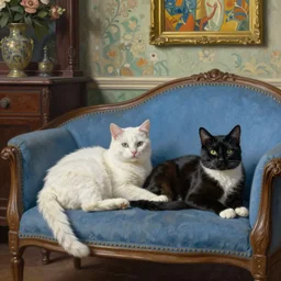 a white cat and a tuxedo cat lounging on a blue chaise lounge in a victorian parlor, lighting study, still life, matte oil painting by james gurney, detailed, hyperrealistic, intricate, volumetric lighting, artgerm, gary chalk, alphonse mucha, louis wain