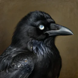 portrait of the head of black crow from behind looking over his shoulders with a sparkle in the eye, oil painting in the style of bieter bruegel the elder, highly detailed and crisp render of distressed feathers, eyes made out of reflective chrome like a mirror