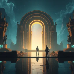the gates of the utopia dimension with the a man and his brother standing, artstation, volumetric light, high detail, reflections, perfect, concept art, hdr, 4 k