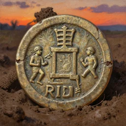 a detailed and accurate masterpiece painting of an incan coin in the mud, sunset, sharp detail, by tyler edlin, noah bradley, john j. park, jordan grimmer trending on artstation
