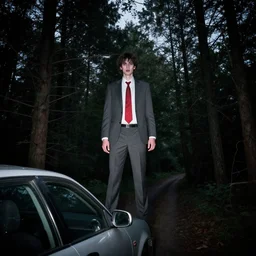 a man with tall limbs wearing a suit with red tie caught on midnight trail cam on a car, tall trees, morbid, uncanny, diffused lightening