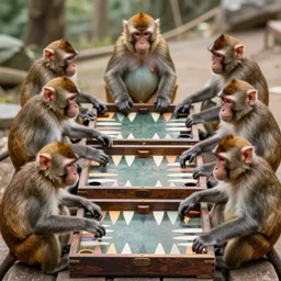 by james stokoe tranquil. a beautiful assemblage of a group of monkeys playing backgammon. the monkeys are seated around a table, with some of them appearing to be deep in concentration while others appear to be playing more casually.