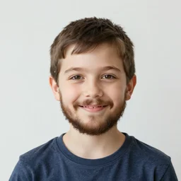small boy with beard and mustache looking at the camera and smiling