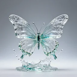 a glass sculpture of a butterfly, splashing water